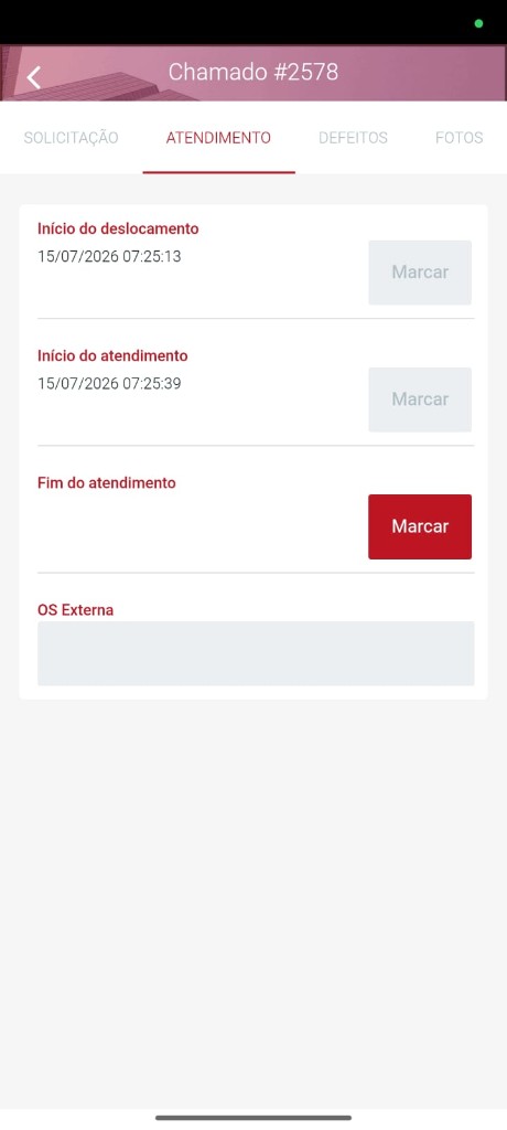 Aba Atendimento do chamado com deslocamento, início e fim