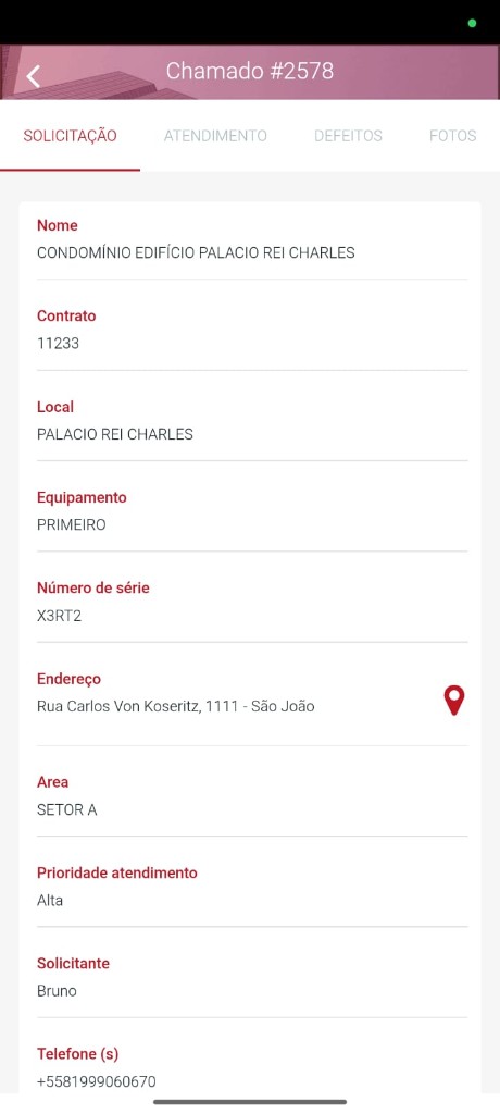 Aba Solicitação do chamado no Liftflex App