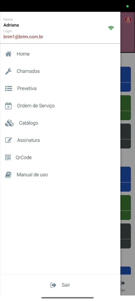 Menu lateral do Liftflex App
