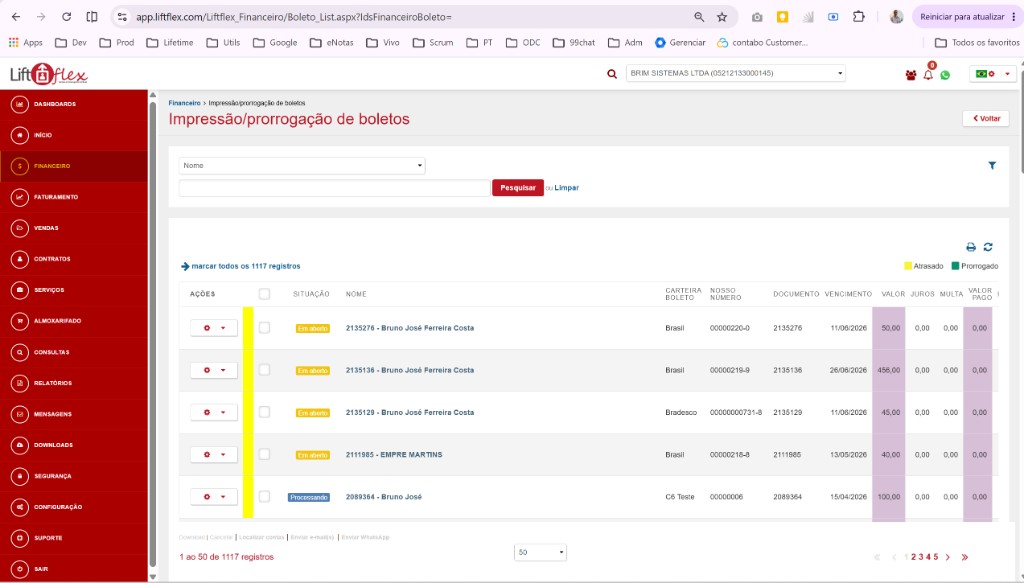 Impressão e prorrogação de boletos no Liftflex com carteira, vencimento e valor