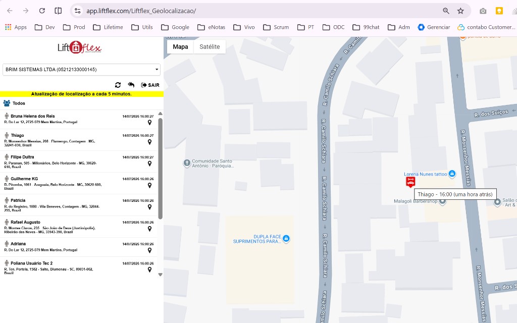 Detalhe do mapa Google Maps com marcador de técnico em deslocamento no Liftflex