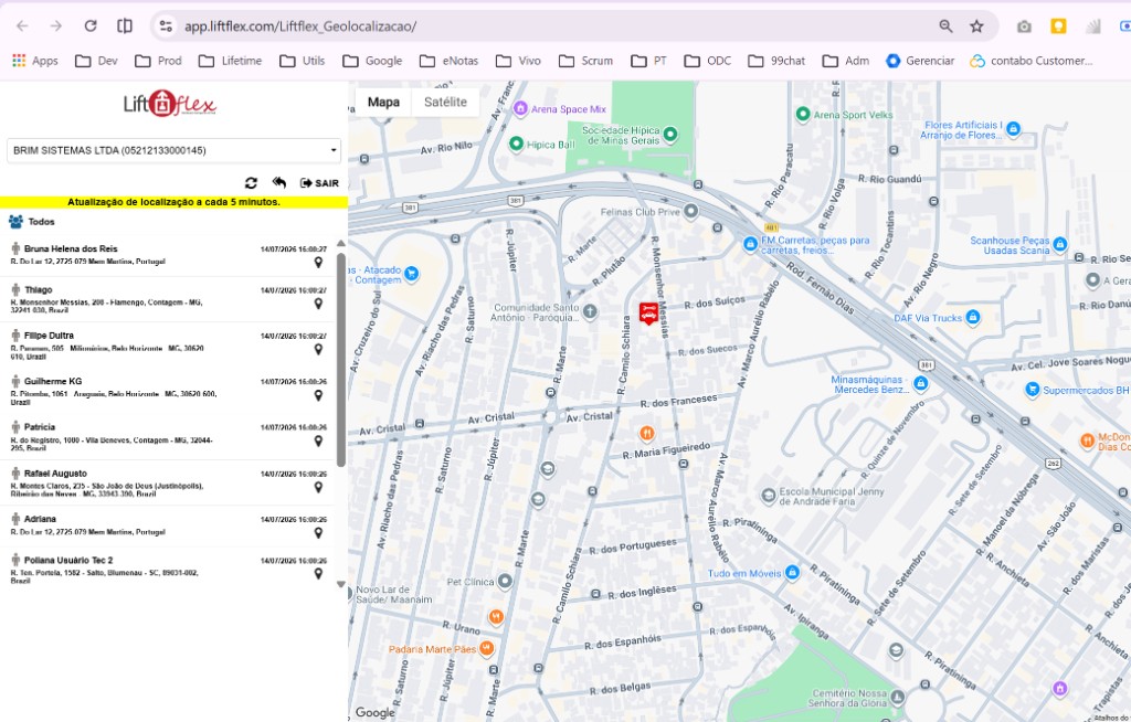 Painel de geolocalização Liftflex com lista de técnicos e mapa Google Maps
