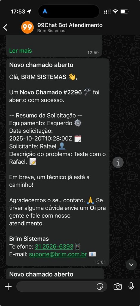 Notificação de chamado aberto no WhatsApp