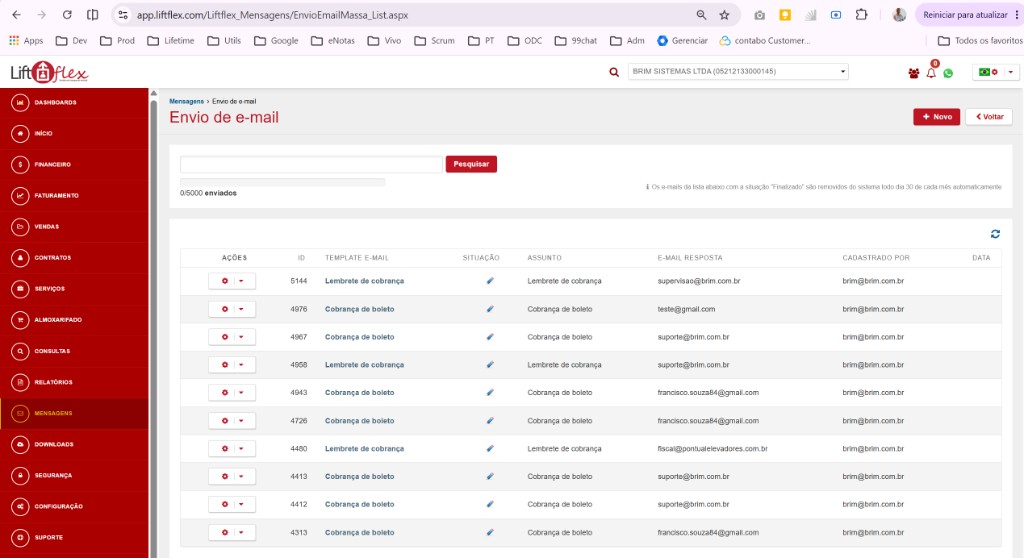 Tela de envio de e-mail no Liftflex com campanhas de cobrança e lembrete
