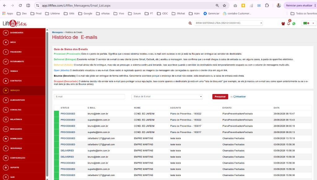 Histórico de e-mails no Liftflex com status de entrega