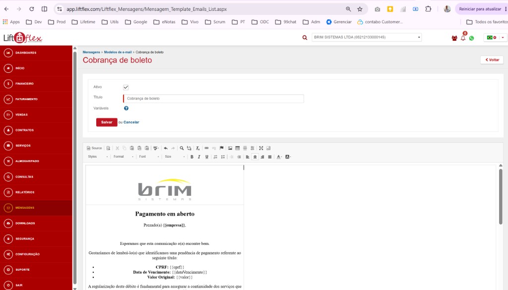 Modelo de e-mail Cobrança de boleto no Liftflex com variáveis dinâmicas