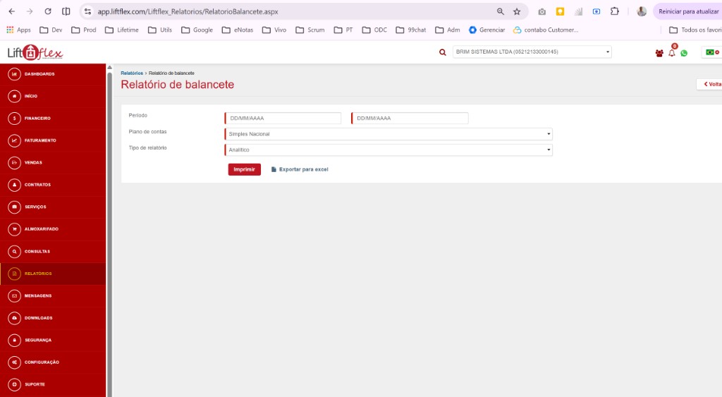 Tela de Relatório de balancete no Liftflex com filtros de período e plano de contas